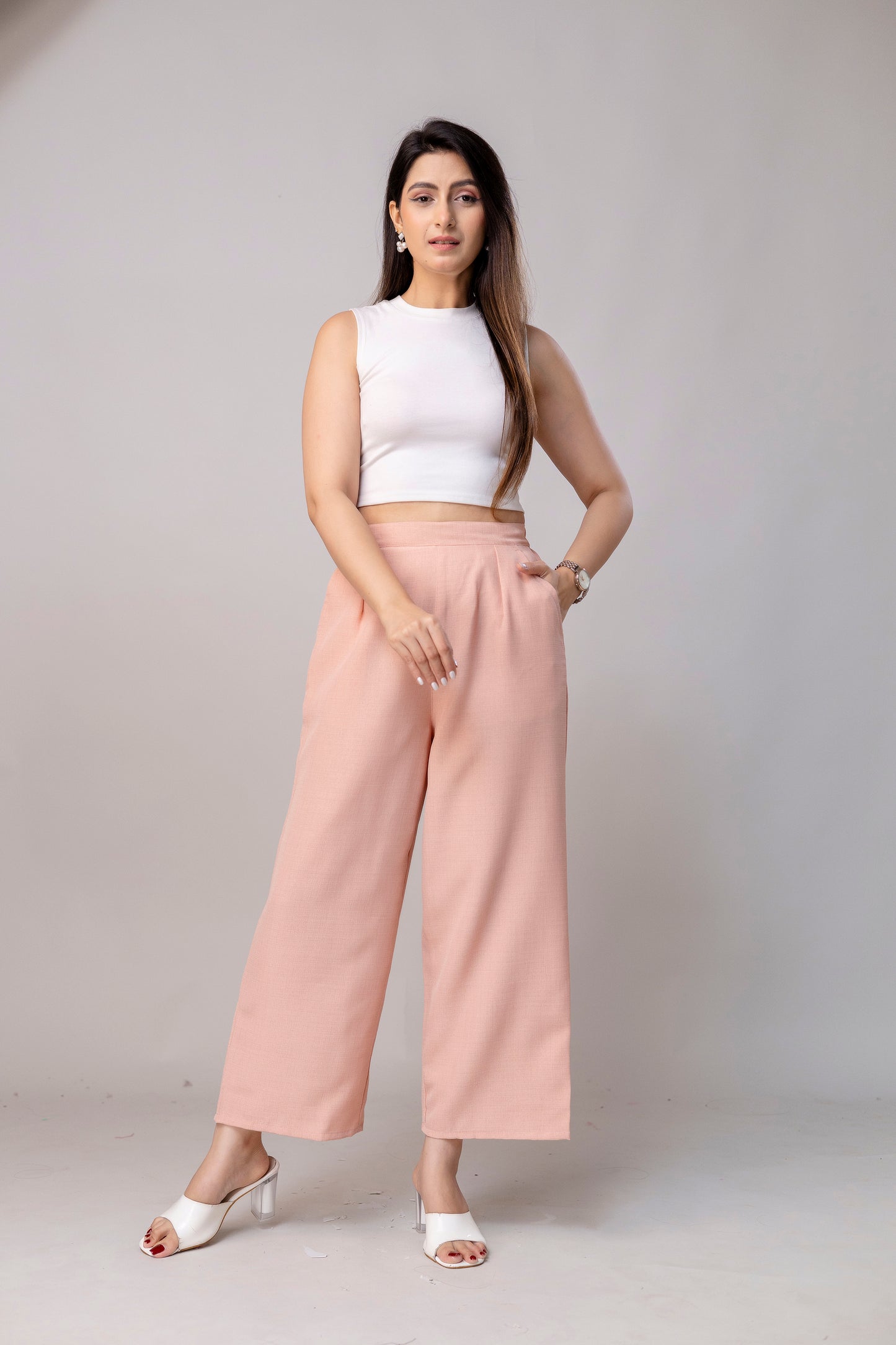 Women Salmon Pink Wide Leg Pant