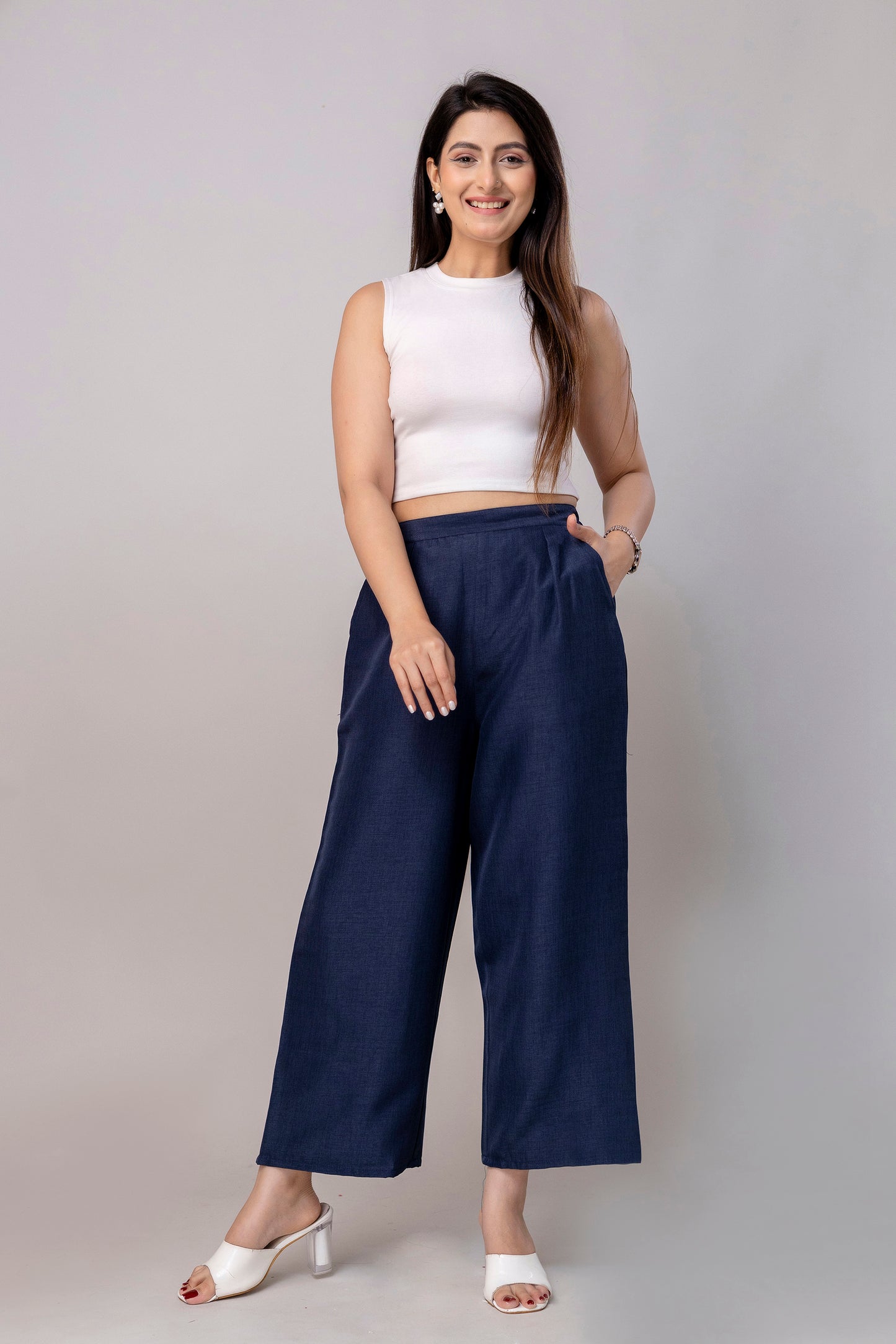 Women Navy Blue Wide Leg Pant