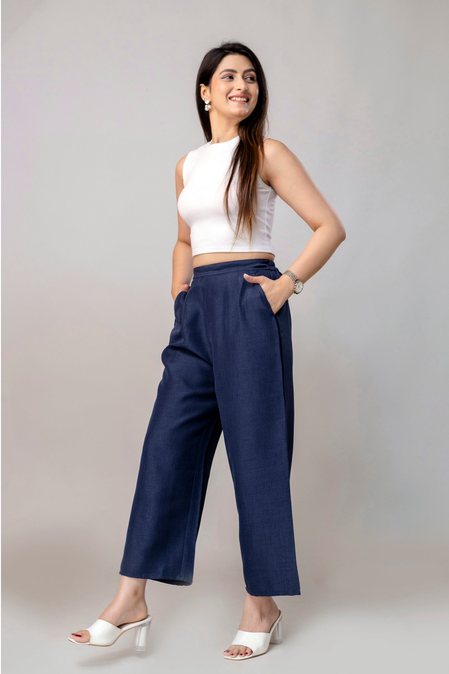 Women Navy Blue Wide Leg Pant
